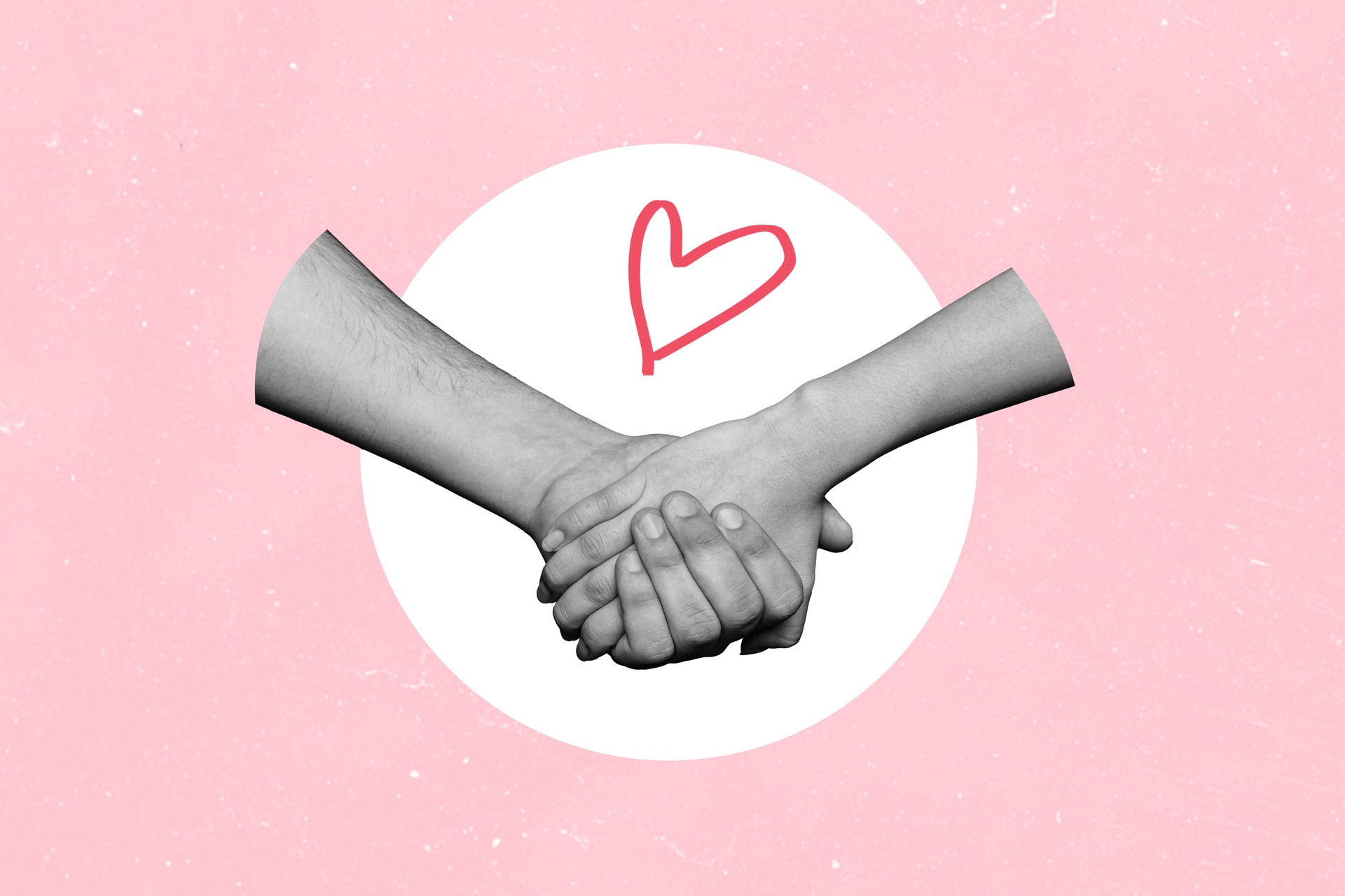 Composite photo collage of hands shake heart love couple date valentine day appoinment greeting sympathy isolated on painted background